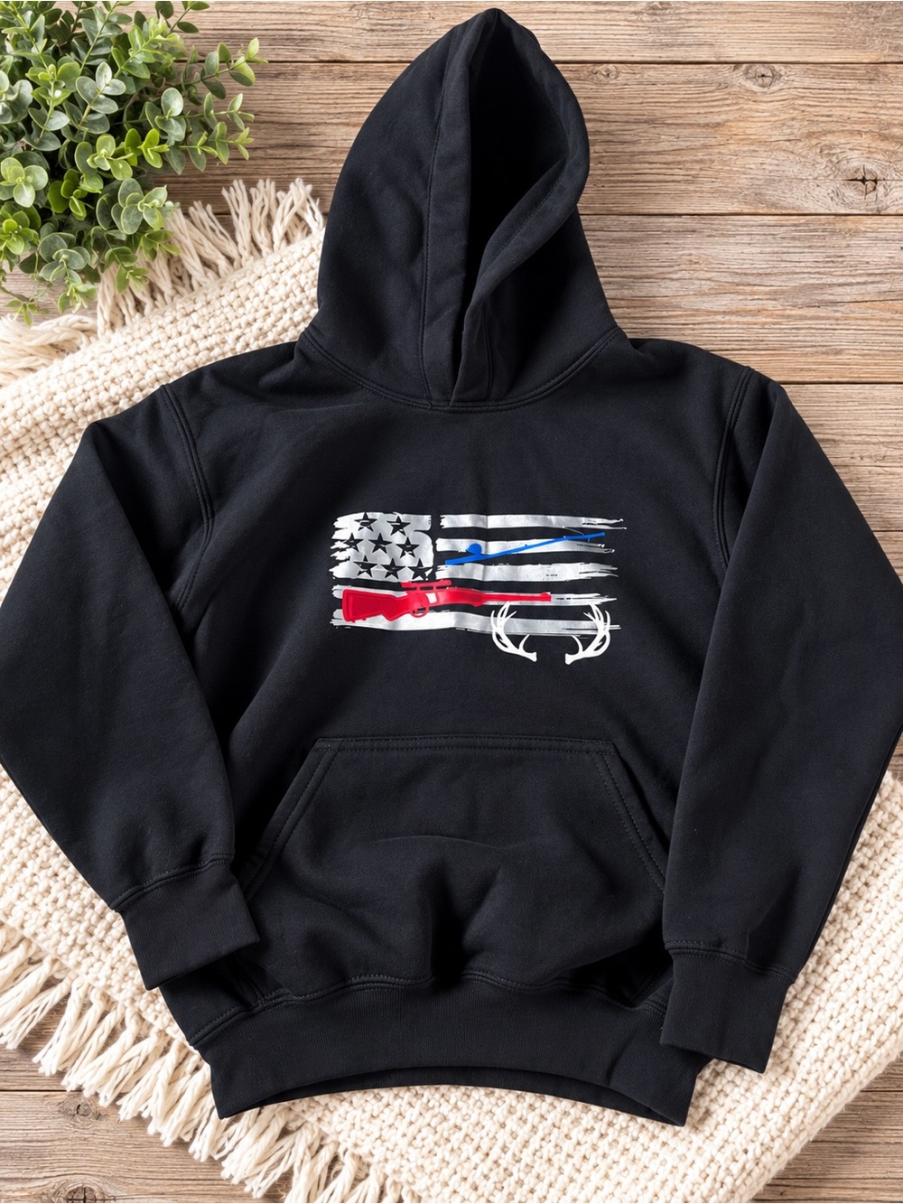 Gildan Black Hoodie with Red, Blue & White Flag Graphic 710